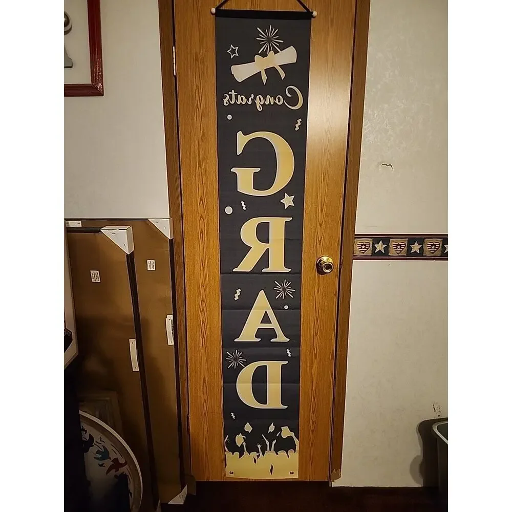 Congratulations Graduation Scroll Pennant Black Yellow Hanging Banner 70